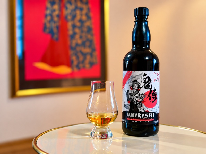 Japonská whisky Onikishi s degustační sklenicí na mramorovém stolku